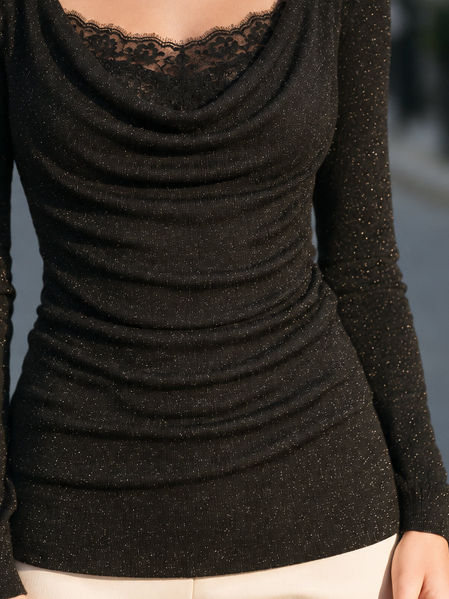 Lace-Trimmed Sequined Turtleneck Top