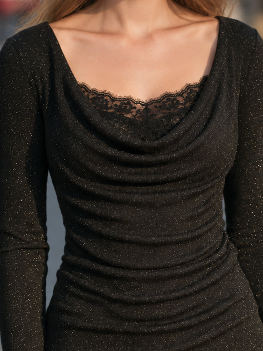 Lace-Trimmed Sequined Turtleneck Top