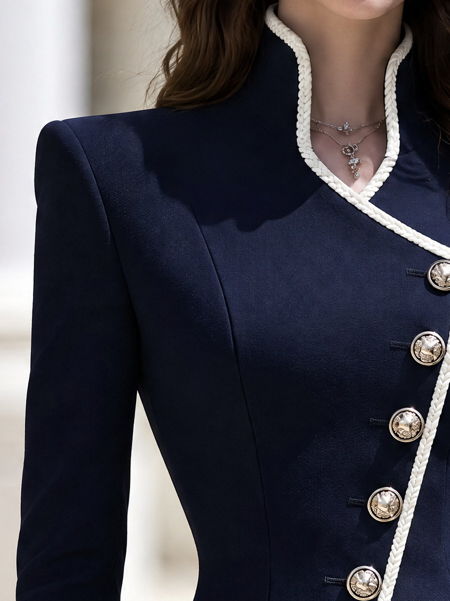 Elegant Stand Collar Braided Trim Fitted Waist Office Blazer