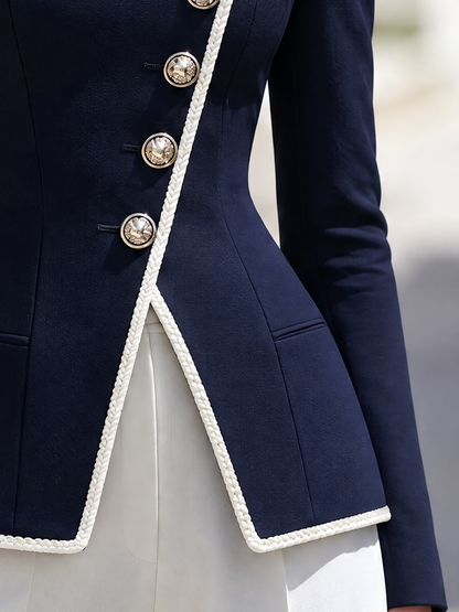 Elegant Stand Collar Braided Trim Fitted Waist Office Blazer