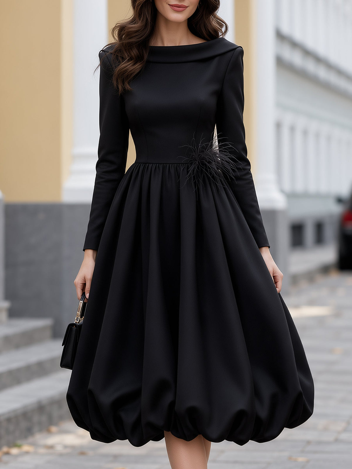 Feather Appliqué Bubble Hem Midi Dress