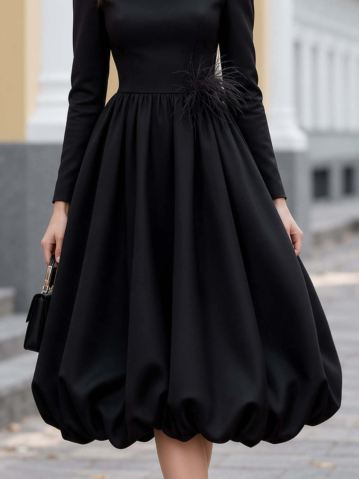 Feather Appliqué Bubble Hem Midi Dress