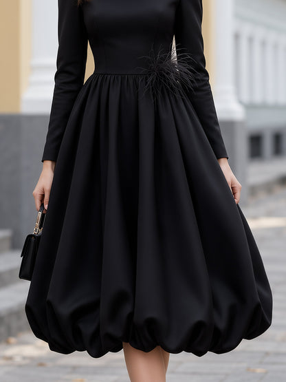 Feather Appliqué Bubble Hem Midi Dress