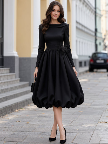Feather Appliqué Bubble Hem Midi Dress