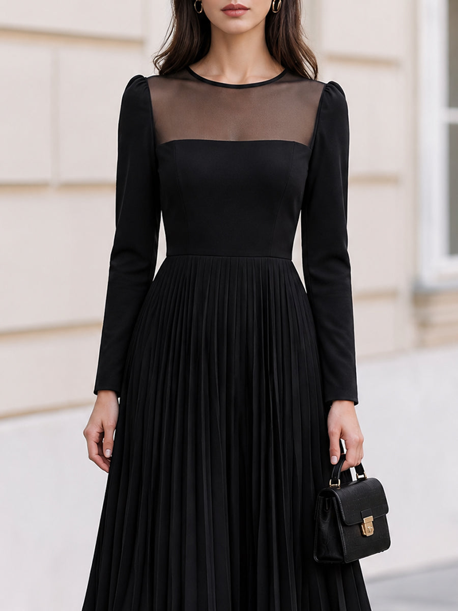 Sheer Mesh Neck Long Sleeve Pleated Midi Dress