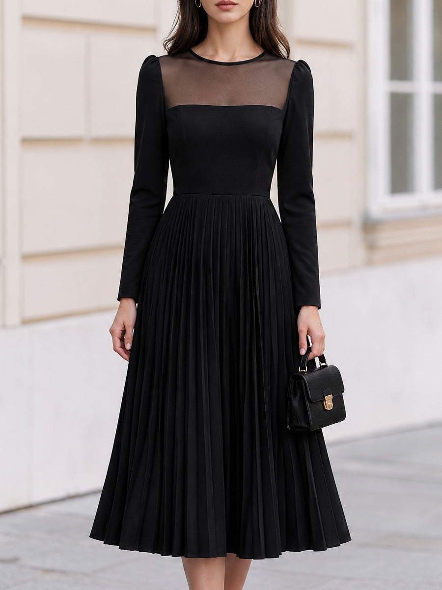 Sheer Mesh Neck Long Sleeve Pleated Midi Dress
