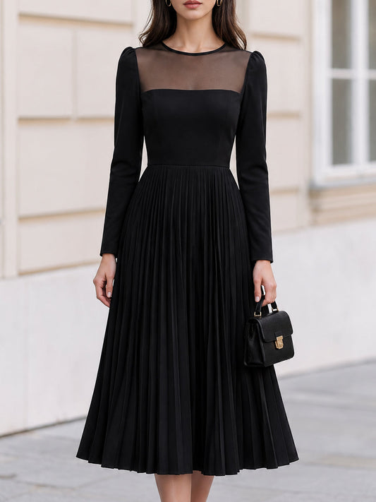 Sheer Mesh Neck Long Sleeve Pleated Midi Dress