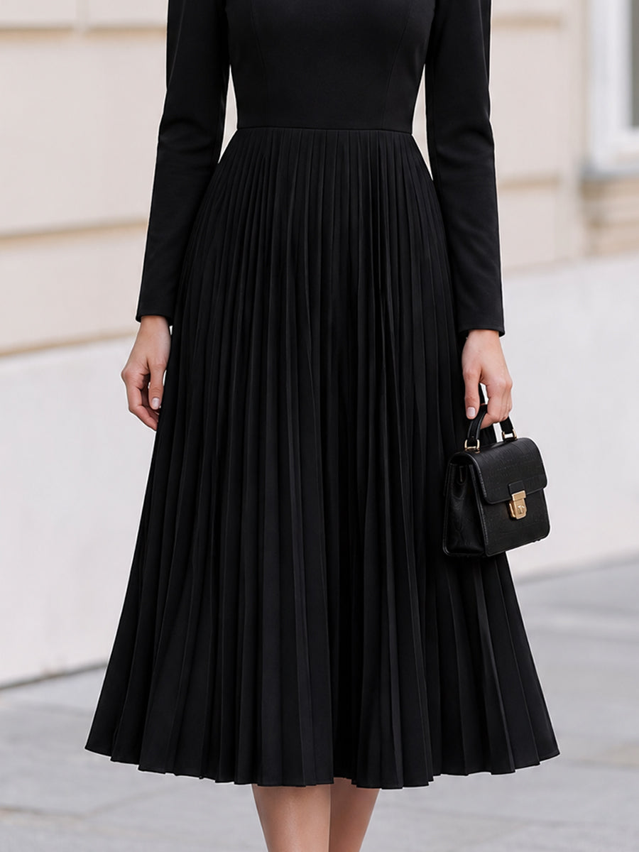 Sheer Mesh Neck Long Sleeve Pleated Midi Dress