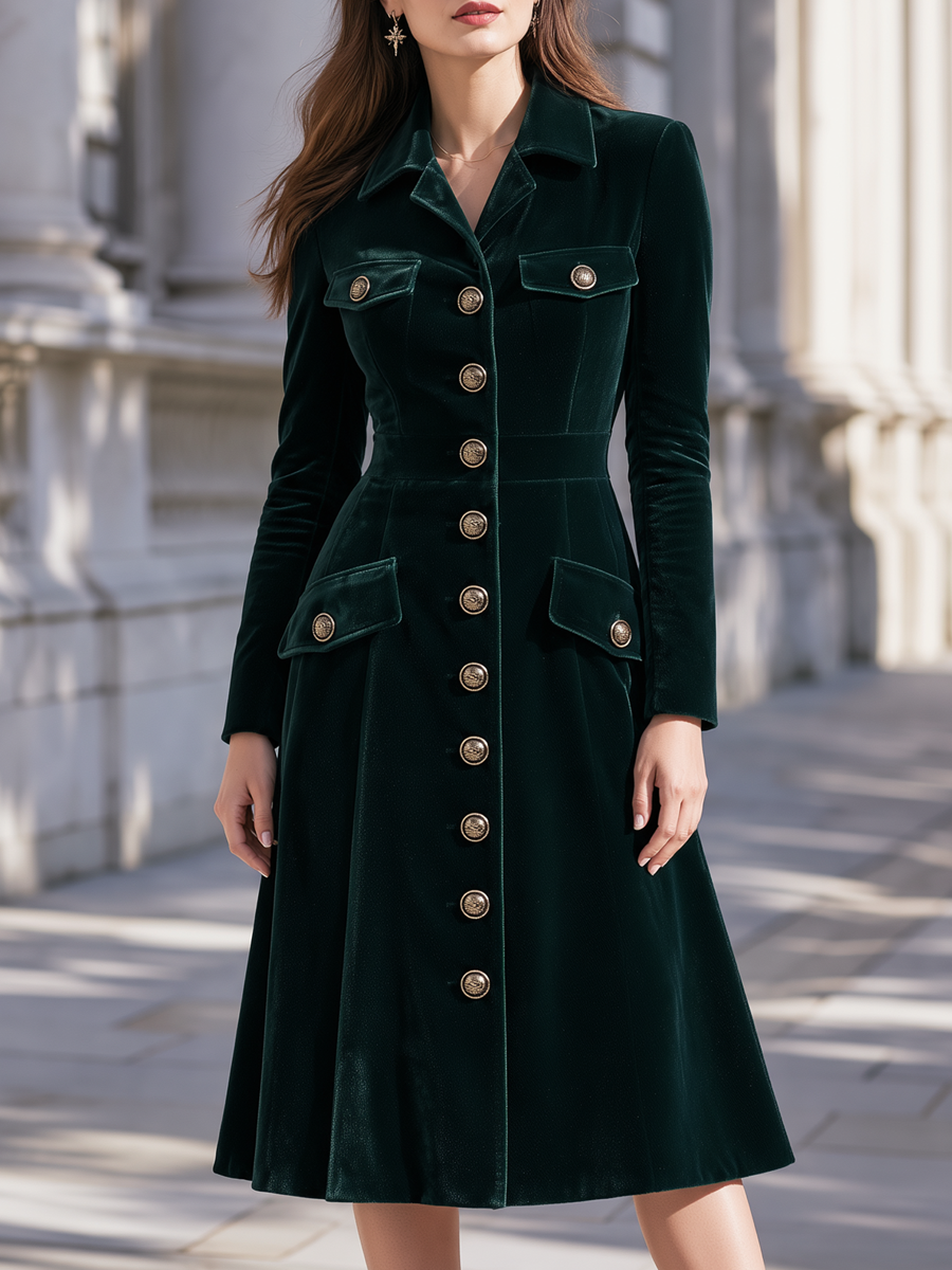 Vintage Velvet Lapel Collar Single Breasted Fitted Midi Coat