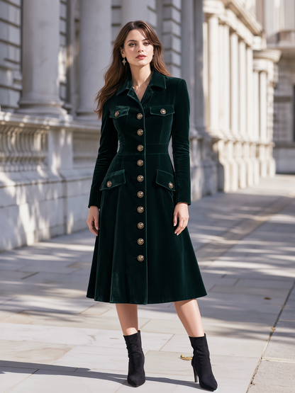 Vintage Velvet Lapel Collar Single Breasted Fitted Midi Coat