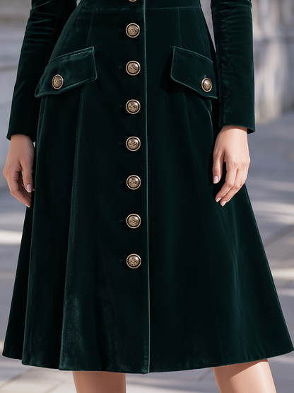 Vintage Velvet Lapel Collar Single Breasted Fitted Midi Coat