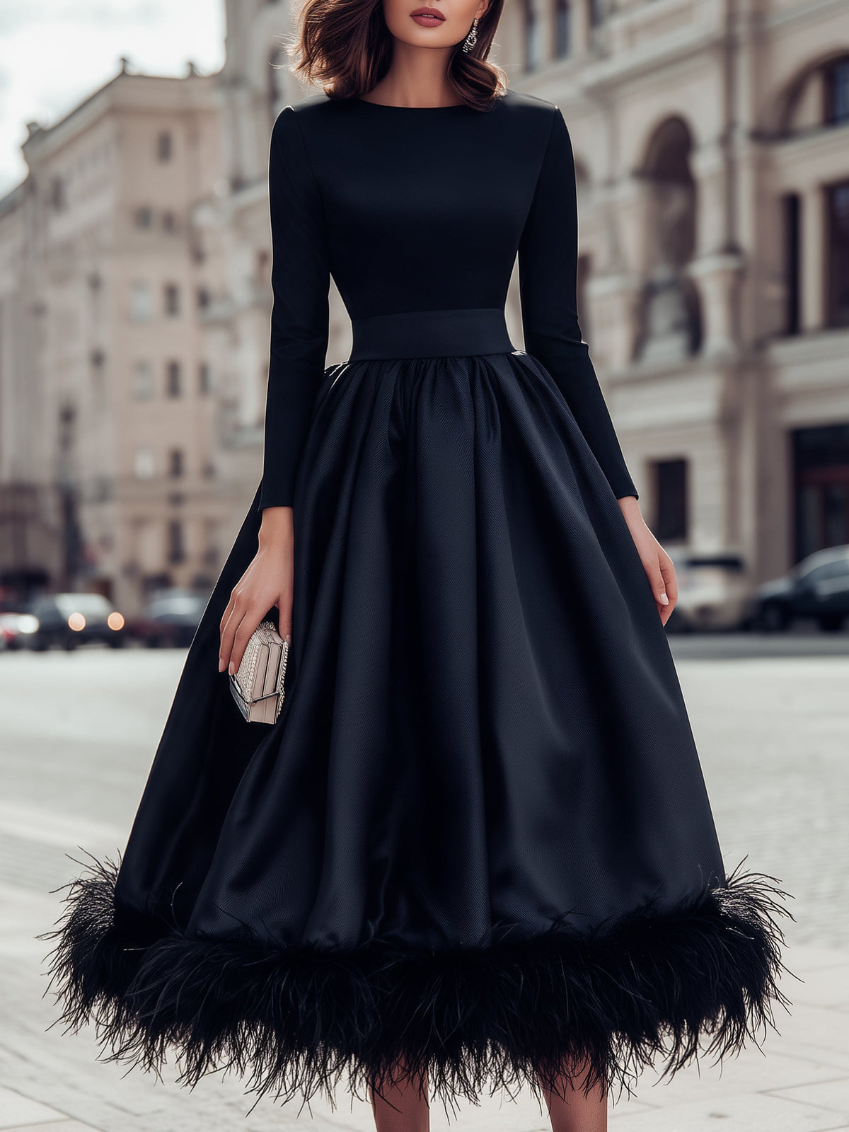 Long Sleeve Round Neck A-Line Midi Dress With Feather Trim Hem
