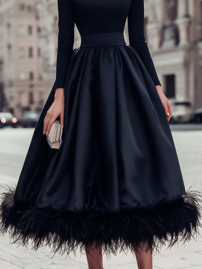 Long Sleeve Round Neck A-Line Midi Dress With Feather Trim Hem