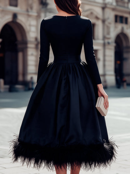 Long Sleeve Round Neck A-Line Midi Dress With Feather Trim Hem