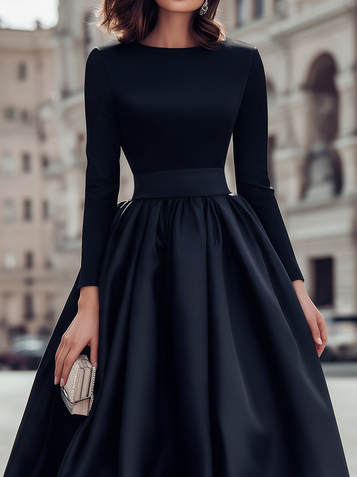 Long Sleeve Round Neck A-Line Midi Dress With Feather Trim Hem