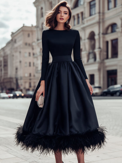Long Sleeve Round Neck A-Line Midi Dress With Feather Trim Hem