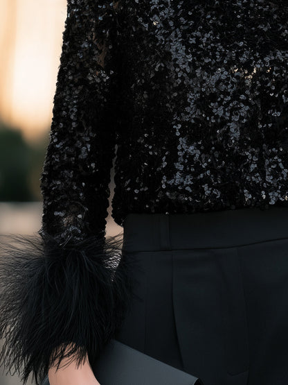 Sequin Feather Trim Long Sleeve Blouse