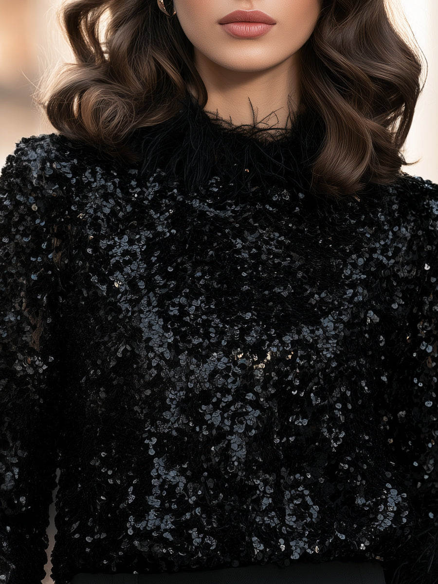 Sequin Feather Trim Long Sleeve Blouse