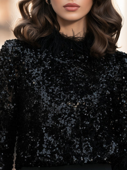 Sequin Feather Trim Long Sleeve Blouse