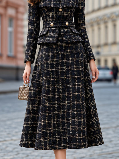 Black & Gold Tweed Peplum Jacket And A-Line Midi Skirt Two-Piece Set