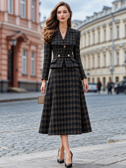 Black & Gold Tweed Peplum Jacket And A-Line Midi Skirt Two-Piece Set