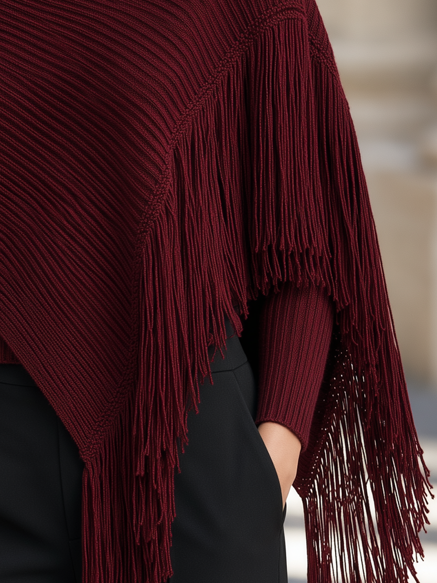Asymmetric Fringed Capelet & Turtleneck Pullover Knitted Set