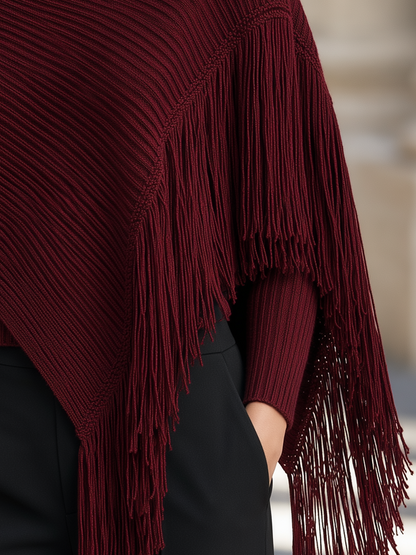Asymmetric Fringed Capelet & Turtleneck Pullover Knitted Set