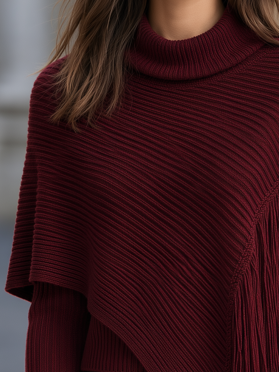 Asymmetric Fringed Capelet & Turtleneck Pullover Knitted Set