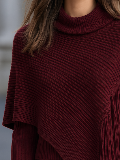 Asymmetric Fringed Capelet & Turtleneck Pullover Knitted Set