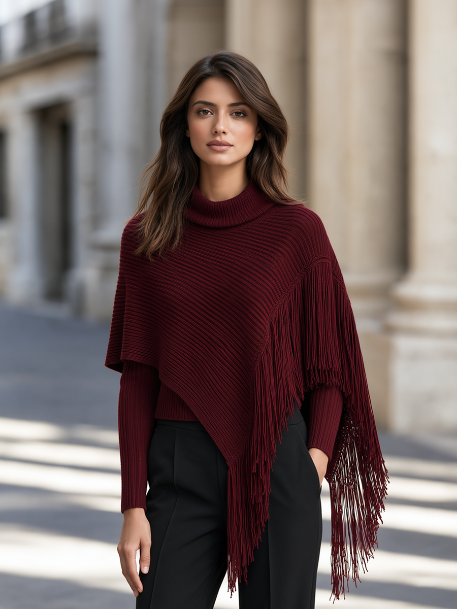 Asymmetric Fringed Capelet & Turtleneck Pullover Knitted Set