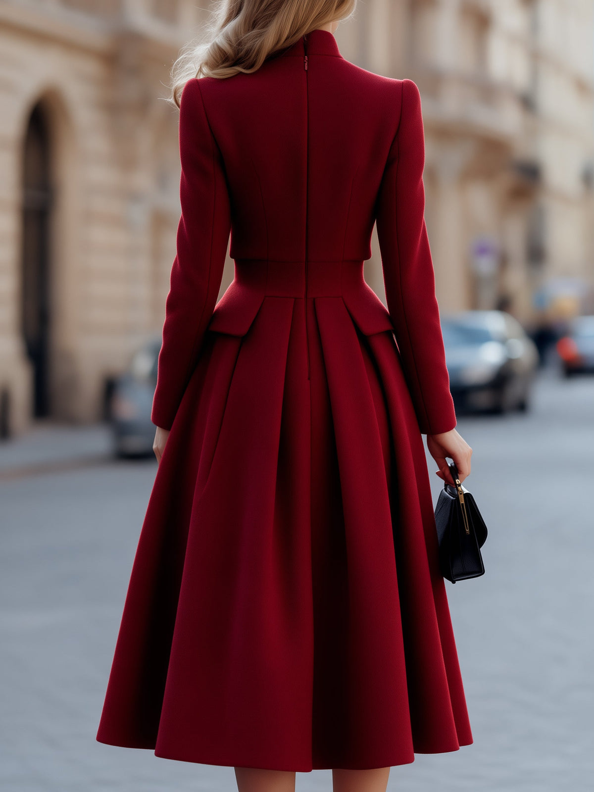 Woolen Peplum Pleated Midi Dress