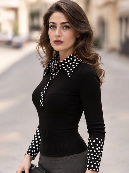 Elegant Black Polka Dot Collar Long Sleeve Slim Fit Knit Top