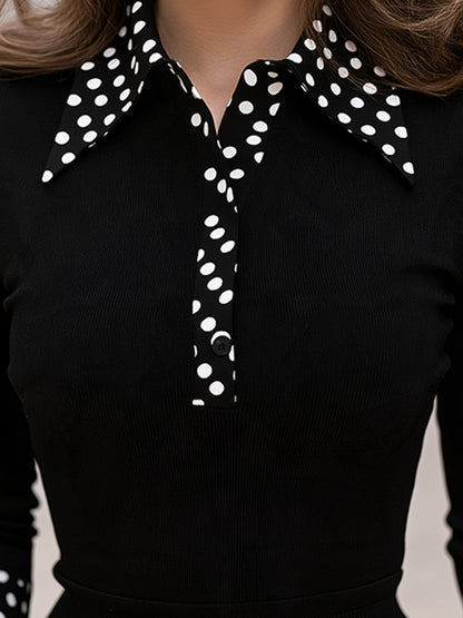 Elegant Black Polka Dot Collar Long Sleeve Slim Fit Knit Top