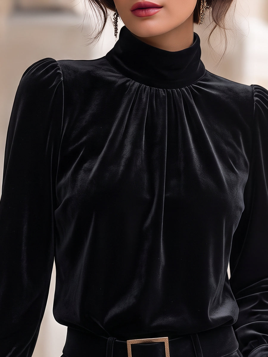 Velvet Mock Neck Gathered Puff Sleeve Blouse