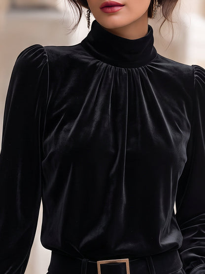 Velvet Mock Neck Gathered Puff Sleeve Blouse