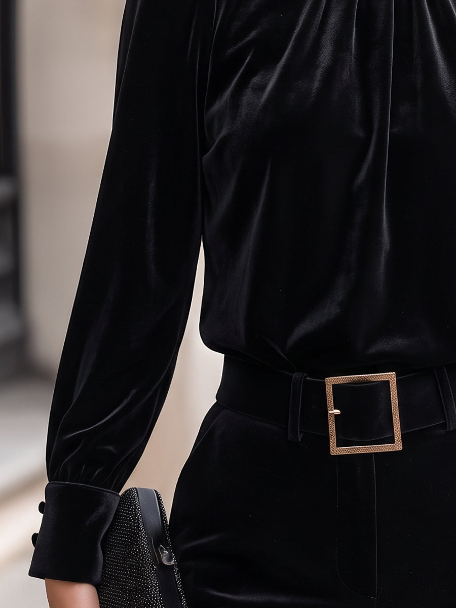 Velvet Mock Neck Gathered Puff Sleeve Blouse