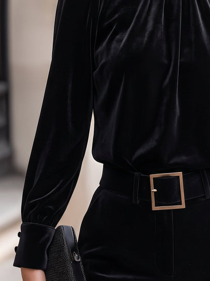 Velvet Mock Neck Gathered Puff Sleeve Blouse