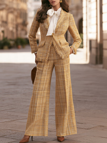 Fringed Tweed Blazer And Wide-Leg Pants Set