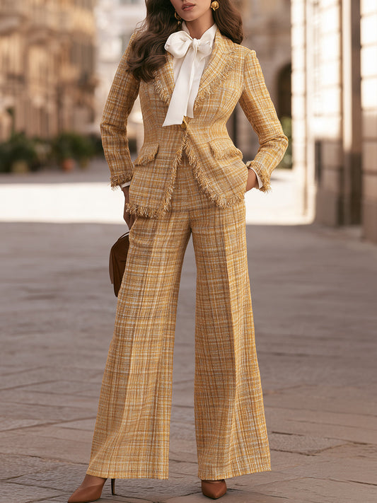 Fringed Tweed Blazer And Wide-Leg Pants Set