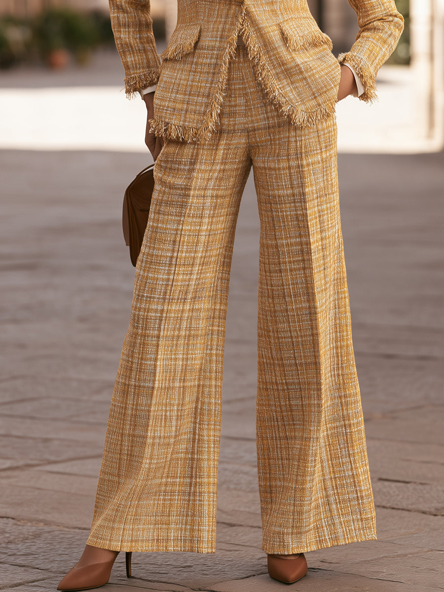 Fringed Tweed Blazer And Wide-Leg Pants Set