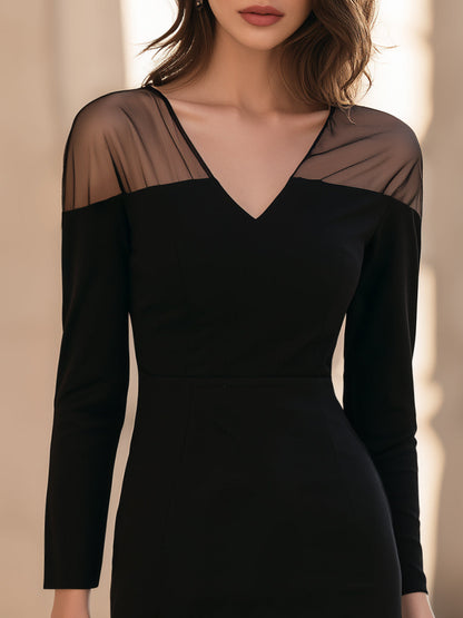 Mesh Shoulder V-Neck Long Sleeve Midi Dress