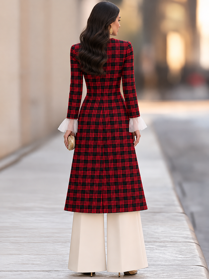 Elegant Red And Black Plaid Pearl Button Long Sleeve A-Line Midi Coat