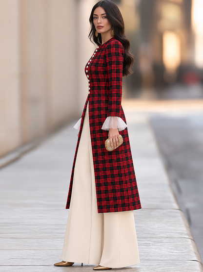 Elegant Red And Black Plaid Pearl Button Long Sleeve A-Line Midi Coat