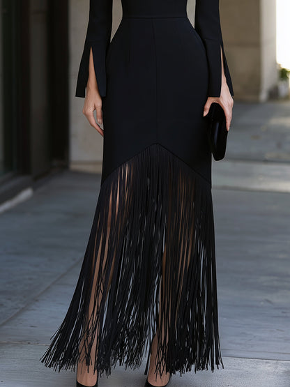 Keyhole Neckline Fringe Hem Long Sleeve Maxi Dress