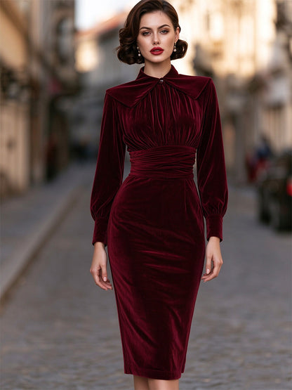 Draped-Collar Ruched Waist Velvet Midi Dress