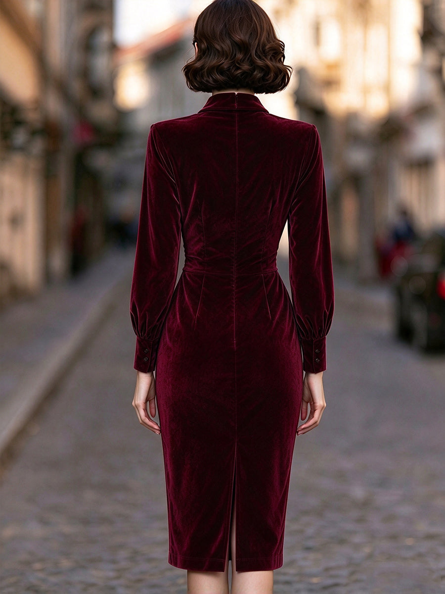 Draped-Collar Ruched Waist Velvet Midi Dress