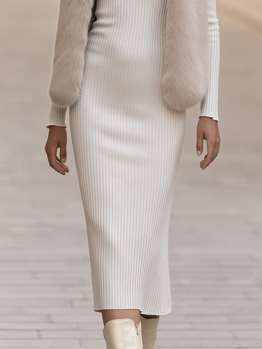 Ribbed Knit Dress And Faux-Fur Vest Set