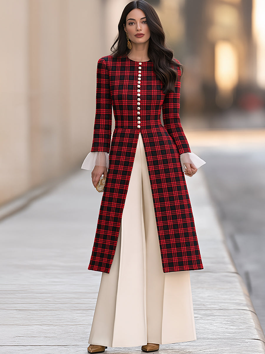 Elegant Red And Black Plaid Pearl Button Long Sleeve A-Line Midi Coat
