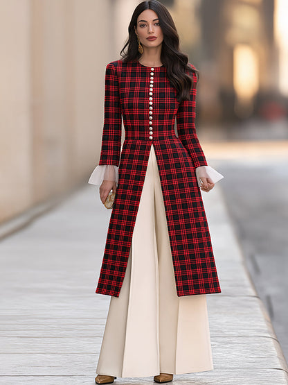 Elegant Red And Black Plaid Pearl Button Long Sleeve A-Line Midi Coat