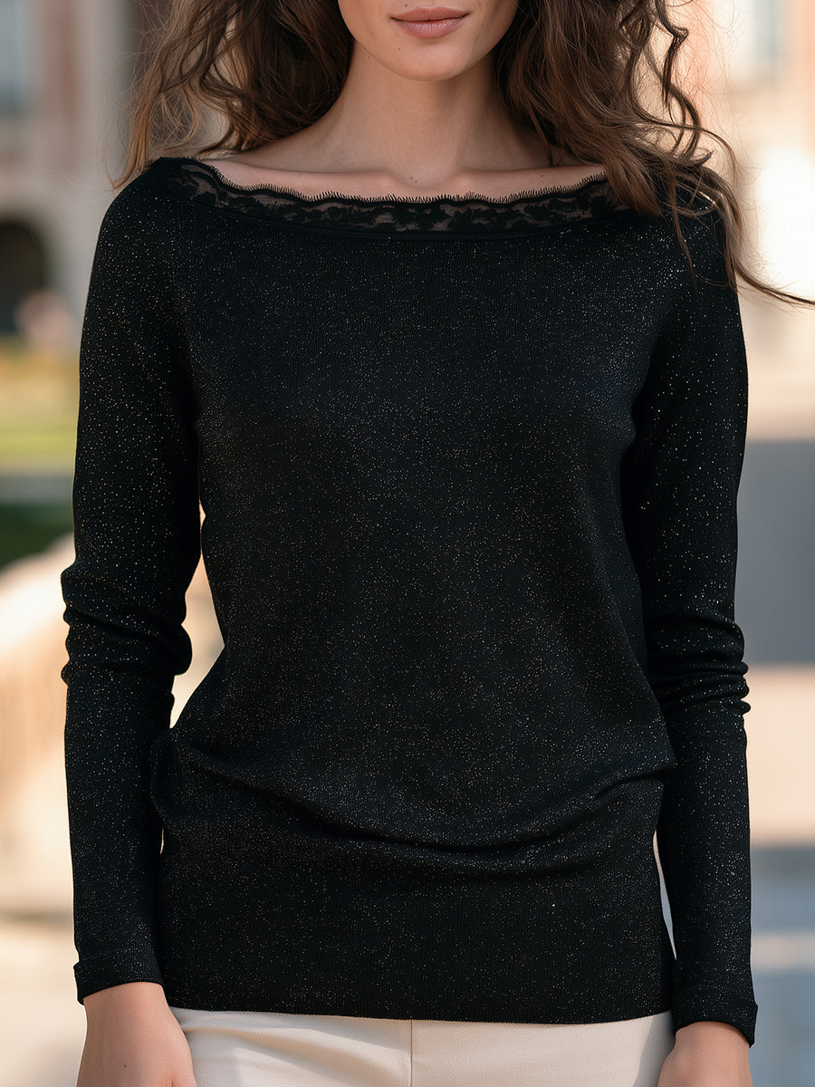 Lace-Trimmed Shimmering Boat Neck Top